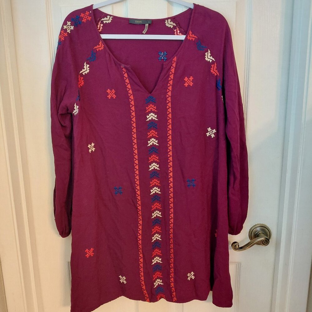 THML Burgundy Embroidered Dress Aztec Boho Size Large Flaw
